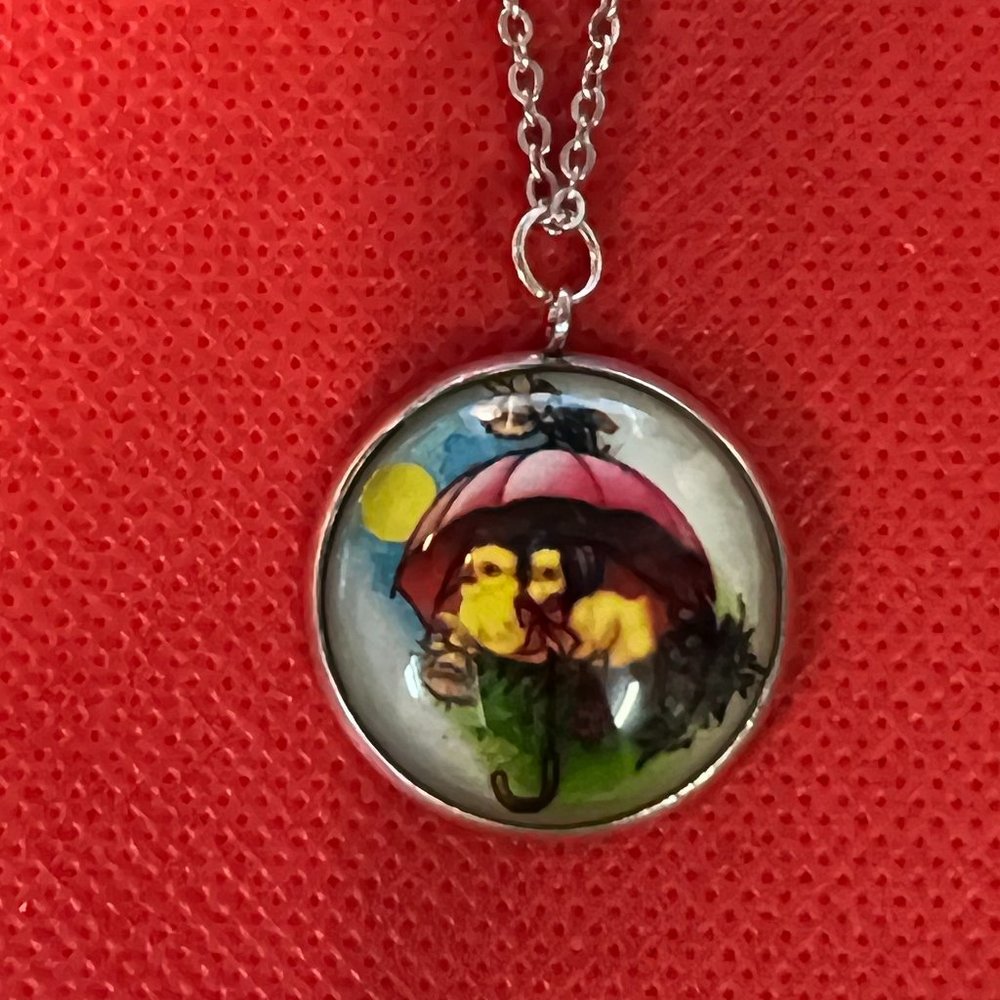 Yellow Ducklings Chicks Under a Pink Umbrella Silver Tone Pendant Necklace